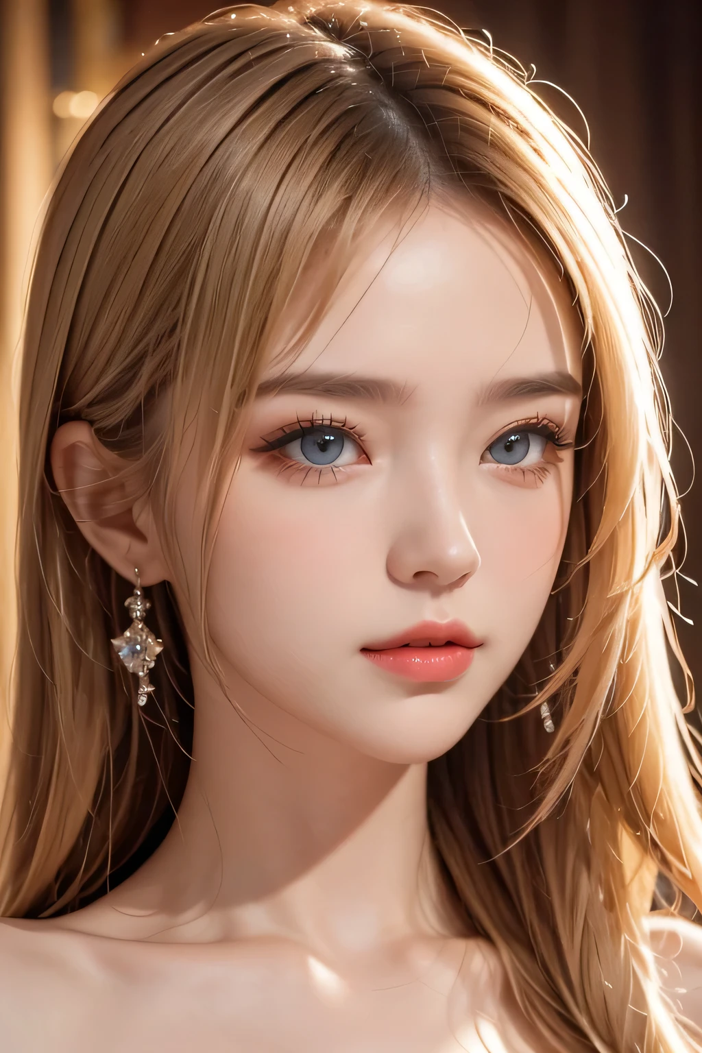 Super premium graphics，8K HD CG works，high quality graphics，High-definition and exquisite CG works，Ultra-fine details：1.1，Realistic photo effects，Interior lighting effects：1.5，natural soft light：1.5,（Virtual light effects：1.8），shining dress，platinum blonde hair, blue eyes, transparenthair，（Quality hair details：1.1）,Clear eyes，Double eyelids look good，Sharp eye makeup, Create exquisite eyelash makeup, thin eyebrows, Ultra-detailed eyes，a tall nose, lovely red lips, rosey cheeks, With delicate makeup on her face , pretty face, The face shape is perfectly proportioned,（Advanced facial details：1.1）,a girl, happy, setailed eyes, glossy lips, crystal dress, reflecting lights on crystals, spreading lights, attractive pose, close up of a woman, Women's artwork，Realism， Looking at Camera,