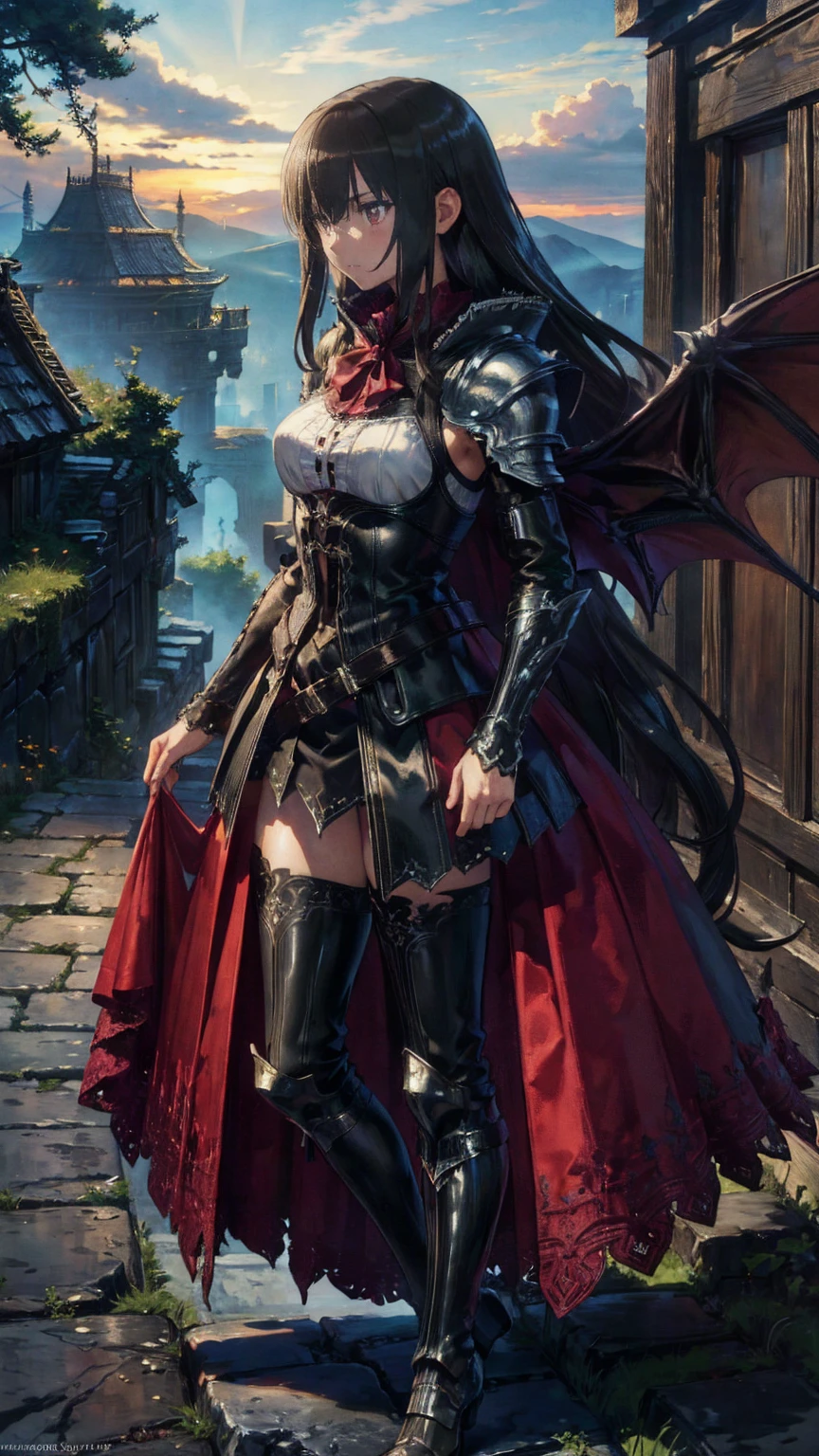 Arafed, dark  Fantasy  art, Gothic art, (masterpiece:1.5), Full-body vest details,  very detailedな,  best quality,  high definition , full vampire portrait,  (masterpiece:1.4,  best quality), tooth, Ultra-feminine ( Intricate Details :1.4, masterpiece,  best quality)  ocean-themed armor , Dark Hair, red eyes ( Fantasy  art:1.3, masterpiece,  best quality), ((Beautiful delicate face)), Super detailedな顔 ( Intricate Details :1.4,  Fantasy  art, masterpiece,  best quality), [visible sharp vampiric tooth] ( Intricate Details ,  Fantasy  art, masterpiece,  best quality), [ anatomically accurate]  red cloak,  flowing cloak  ( Intricate Details ,  Fantasy  art, masterpiece,  best quality), wearing intricate leather outfit [white]  dress ( Intricate Details , Gothic art, masterpiece,  best quality),  high heel boots ,  Blood Drips on Lips , Urban Background ( intense detail , Beat Details ),  Fantasy , In the light of night, nature ,Moonlight, soft Moonlight, Moonlight, cloud,  Gothic Atmosphere ,   Gothic Street Background ,  Bats Flying in the Background , Soft light,  Dynamic Light , [[ anatomically accurate]],   HIGH DETAILS  ,  best quality, 8k, [Super detailed], masterpiece,  best quality, ( very detailed),  dynamic angle ,  ultra wide shot, born, Realistic,  zrpg style 