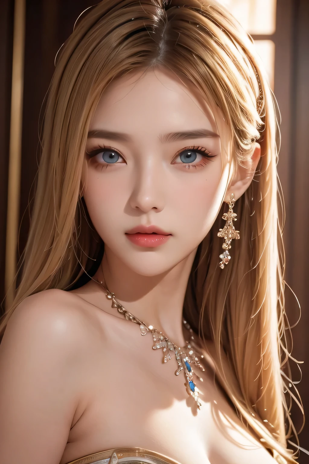 Super premium graphics，8K HD CG works，high quality graphics，High-definition and exquisite CG works，Ultra-fine details：1.1，Realistic photo effects，Interior lighting effects：1.5，natural soft light：1.5,（Virtual light effects：1.8），shining dress，platinum blonde hair, blue eyes, transparenthair，（Quality hair details：1.1）,Clear eyes，Double eyelids look good，Sharp eye makeup, Create exquisite eyelash makeup, thin eyebrows, Ultra-detailed eyes，a tall nose, lovely red lips, rosey cheeks, With delicate makeup on her face , pretty face, The face shape is perfectly proportioned,（Advanced facial details：1.1）,a girl, happy, setailed eyes, glossy lips, crystal dress, reflecting lights on crystals, spreading lights, attractive pose, close up of a woman, Women's artwork，Realism， Looking at Camera,