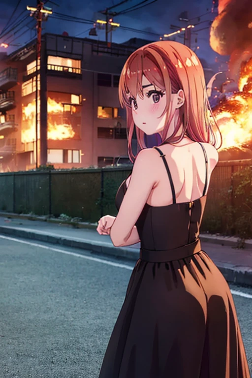 Sumi Sakurasawa、holding hundgun、at night、fence、1 girl、 cleavage、sexy black evening dresses、Turn around and show your butt、Infiltrate a military base、Military base exploding in flames、The building is on fire