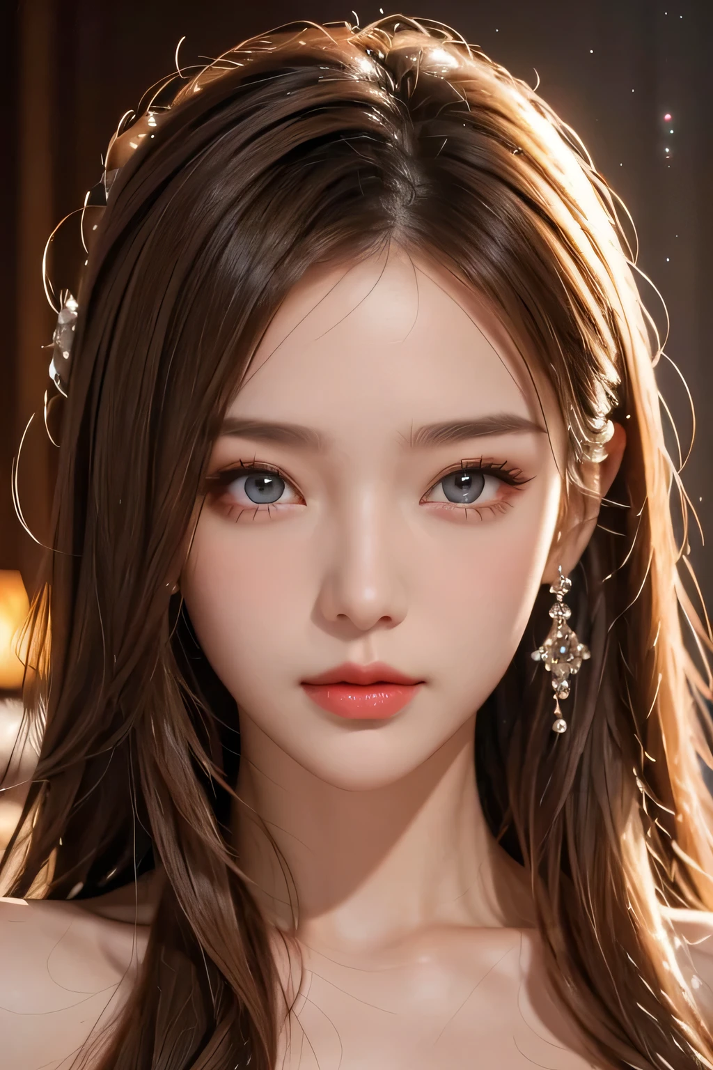 Super premium graphics，8K HD CG works，high quality graphics，High-definition and exquisite CG works，Ultra-fine details：1.1，Realistic photo effects，Interior lighting effects：1.5，natural soft light：1.5,（Virtual light effects：1.8），shining dress，black hair, brown eyes, transparenthair，（Quality hair details：1.1）,Clear eyes，Double eyelids look good，Sharp eye makeup, Create exquisite eyelash makeup, thin eyebrows, Ultra-detailed eyes，a tall nose, lovely red lips, rosey cheeks, With delicate makeup on her face , pretty face, The face shape is perfectly proportioned,（Advanced facial details：1.1）,a girl, happy, setailed eyes, glossy lips, crystal dress, reflecting lights on crystals, spreading lights, attractive pose, close up of a woman, Women's artwork，Realism， Looking at Camera,