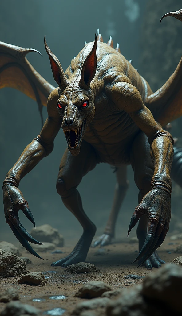 In this frightening hybrid between a kangaroo and a scorpion, the object appears in a terrifying form that combines the characteristics of both . . The main body of the object is like a kangaroo, long and strong, with prominent muscles covered by a thick layer of hard brown skin . . However, instead of the natural kangaroo head, its head is deformed. The scorpion's head is combined with sharp tongues similar to those on its body . The eyes are large and angry, shiny like dark red threads, and come alive as if they are watching their prey. .
. The tail does not look like the tail of a natural kangaroo but extends significantly backwards, acquiring the harsh shape of a scorpion tail that ends with a poisonous, shiny and black needle, ready to invade. The two wings that were merged The legs of this creature with a strange dynamic are extending Like strong threads that fluctuate in the air .
, its front legs are as huge and strong as kangaroo legs, but their limbs take the form of sharp claws that can tear anything in their way . The ground below this object is terrifying, deformed, full of gaps through which rocks covered with black poisonous liquid appear. . . The background of the image is dark, and the dim light makes the object stand out clearly, adding an evil view as if it were a living nightmare .