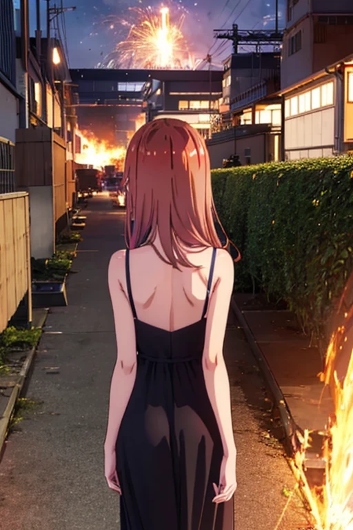 Sumi Sakurasawa、holding hundgun、at night、fence、1 girl、 cleavage、sexy black evening dresses、Turn around and show your butt、Infiltrate a military base、Military base exploding in flames、The building is on fire