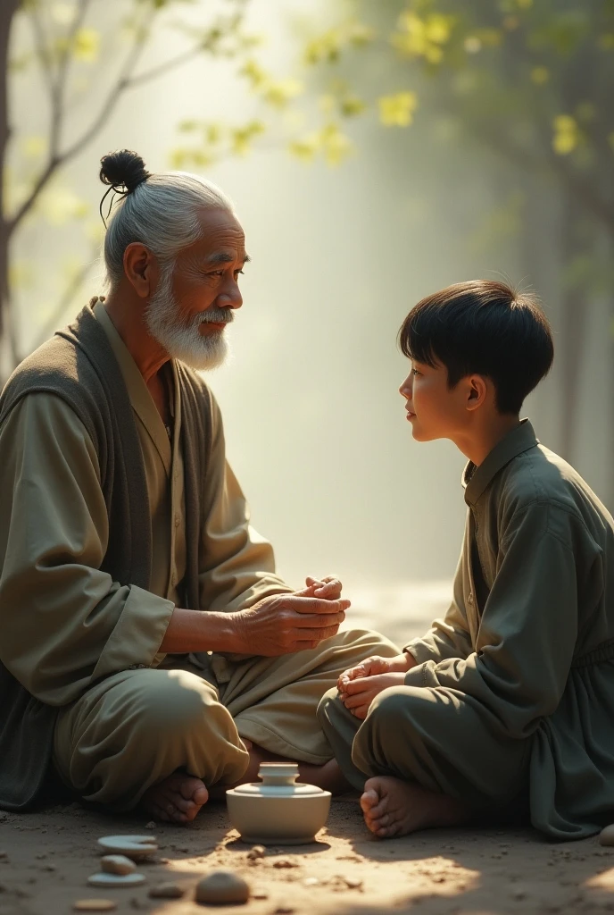 young Chinese boy, from medieval times, talking with an old wise man, in the middle of the forest, near a stream