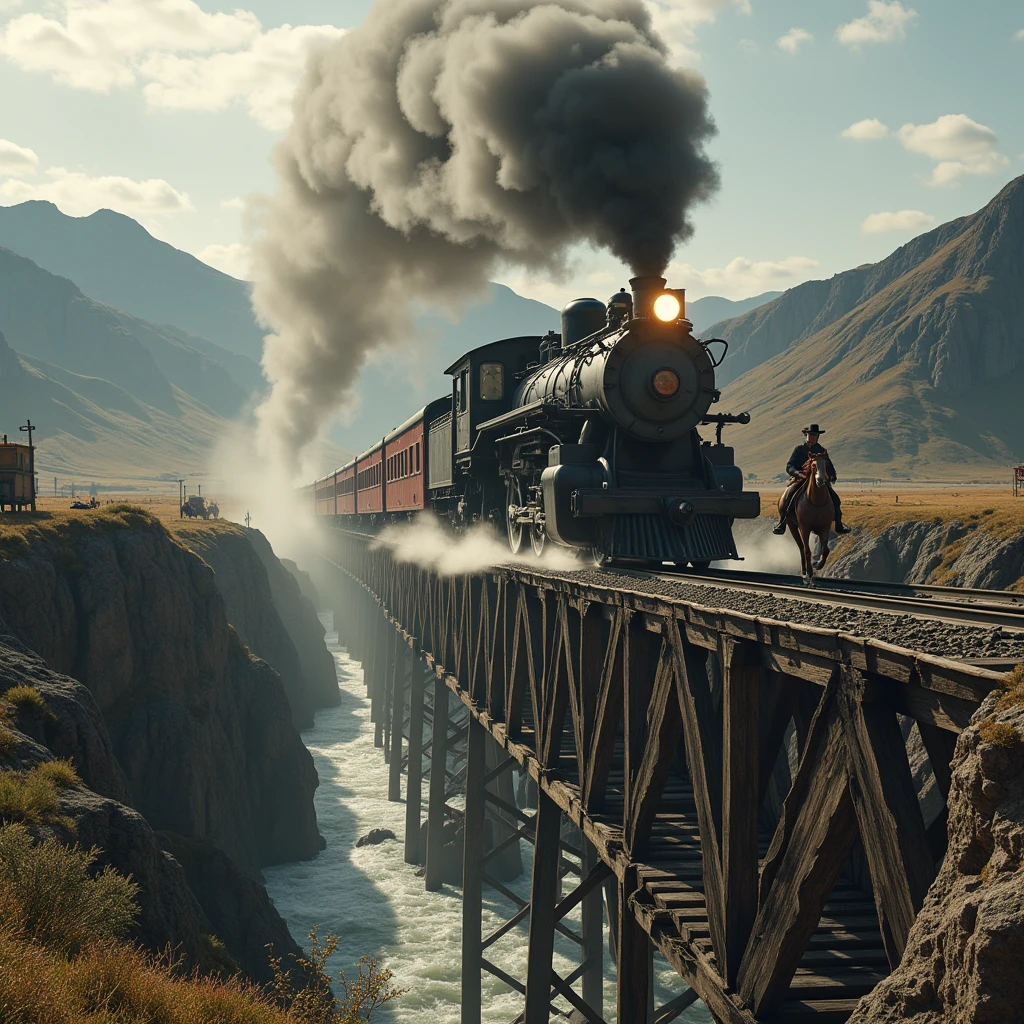 a dramatic high-action scene of a steam train crossing a narrow bridge over a raging river, cowboys on horseback in hot pursuit, billowing dark smoke, creaking wood and iron of the bridge, determined cowboy faces, towering mountains and expansive plains, fiery glow of train lights, deep oranges reds and blues, (best quality,4k,8k,highres,masterpiece:1.2),ultra-detailed,(realistic,photorealistic,photo-realistic:1.37),cinematic lighting,dramatic movement,high tension,action scene,western chase,perfectly textured