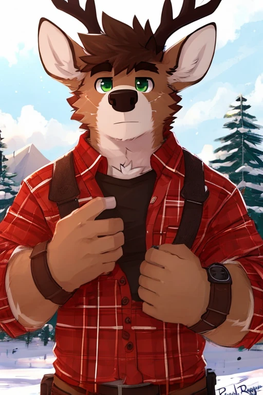  flat colors , Alone, Deer,  detailed face,  detailed body, full body, 5 fingers,  detailed hands ,  green eyes, detailed eyes,  raising eyebrows,  short hair, brown fur, 2 arms, Tundra, lumberjack suit ,  tight clothes , por pache riggs
