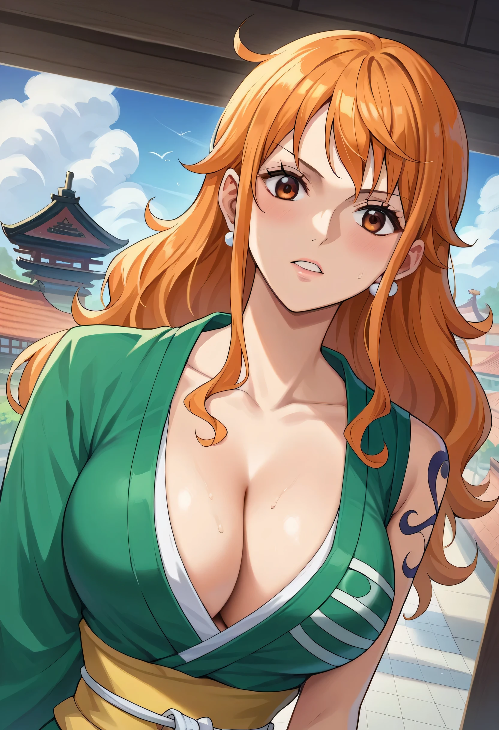 score_9, score_8_up, score_7_up, score_6_up, score_5_up, score_4_up, BREAK source_anime, city, outdoor, nami_post, orange hair, long hair, wavy hair, side locks, brown eyes, large breasts, cleavage,, large breasts, samurai clothes, samurai cosplay, CLEAVAGE, 