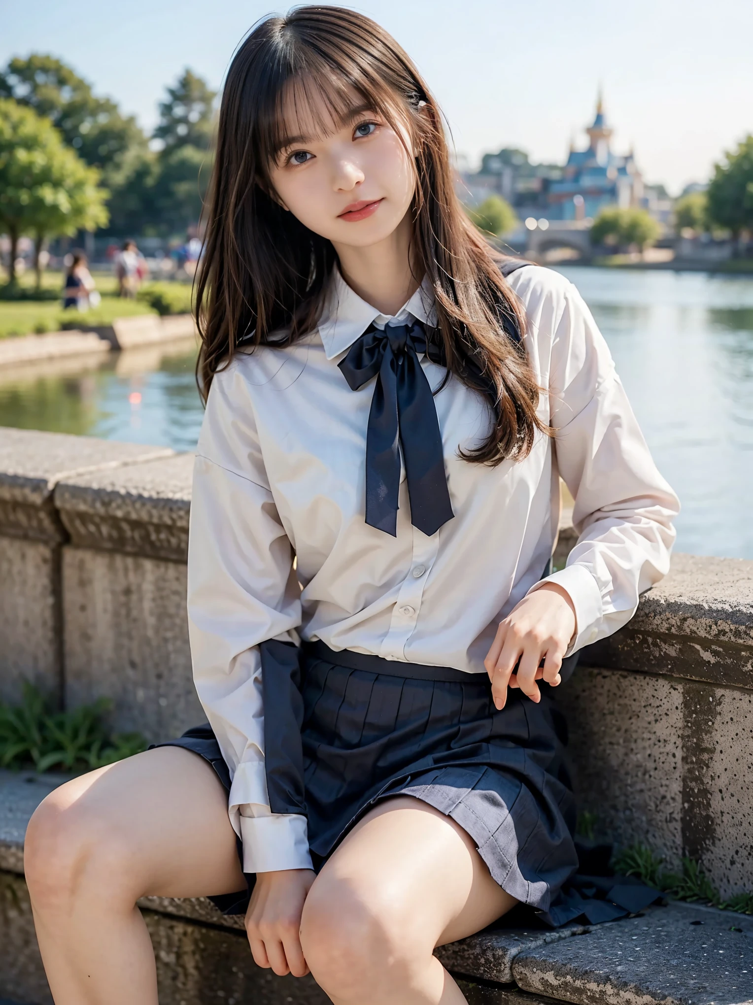 (Realistic:1.4),  best quality, masterpiece, 32k raw photo, (Extremely detailed beautiful Japanese girl), (Extremely detailed eyes :1.2), ( cute face:1.2), Super detailed,  ultra high resolution, wonderful, break,
( school uniform:1.5), smile, (whole body:1.2), Detailed school girl, ( Disneyland:1.3),  beautiful detailed girl, bangs,  cute face,   miniskirt that snaps around the knee, smile, wind,   Loafers, Loose fitting socks, Perfect Legs,   Perfect Hand 