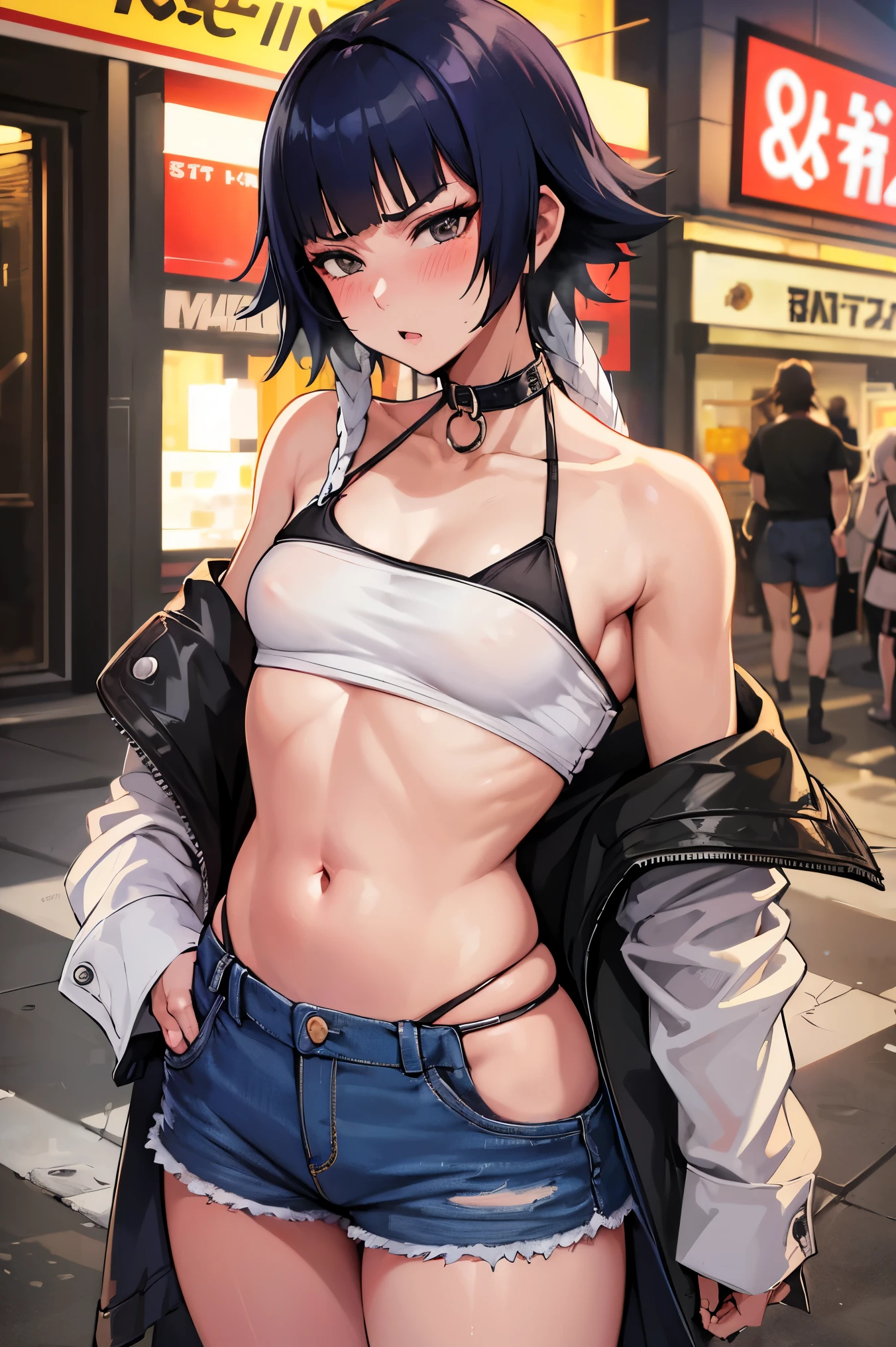 NSFW,masterpiece, best quality, high definition , very detailed,Soi Fon, shorthair 、 long hair, off-shoulder , Crop Top ,Belly button, denim shorts ,Embarrassed,blush, surprised expression,Nightlife,Outdoor, NEON STREET ,Do prostitution