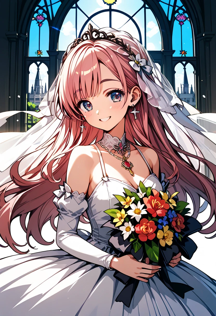  score_9,  score_8_up, score_7_up, Sheep:1.3,  1 girl, Alone, pupil\ beautiful like a jewel \Shine, hair\Pink and fluffy \long\ soft , Thick eyebrows:1.4,  Wedding Dress \pure white\ studded with beautiful embroidery and sequins, bouquet\Chest, smile, 幸せなsmile,  big smile when looking back,  beautiful and gentle backlight , (((UHD, masterpiece, anatomically correct, textured skin, super detail, high details, best quality,  highres icon, 8k))), cinematic lighting, god rays, church\ with gentle light shining in\ Beautiful Stained Glass \Breathtaking beauty 