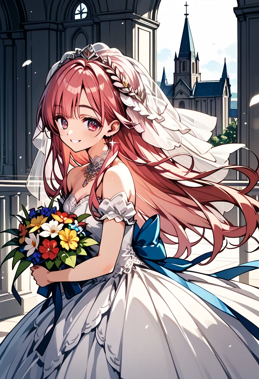  score_9,  score_8_up, score_7_up, Sheep:1.3,  1 girl, Alone, pupil\ beautiful like a jewel \Shine, hair\Pink and fluffy \long\ soft , Thick eyebrows:1.4,  Wedding Dress \pure white\ studded with beautiful embroidery and sequins, bouquet\Chest, smile, 幸せなsmile,  big smile when looking back,  beautiful and gentle backlight , (((UHD, masterpiece, anatomically correct, textured skin, super detail, high details, best quality,  highres icon, 8k))), cinematic lighting, god rays, church\ with gentle light shining in\ Beautiful Stained Glass \Breathtaking beauty 