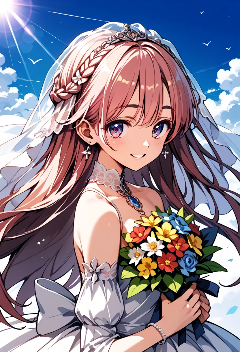  score_9,  score_8_up, score_7_up, Sheep:1.3, front:1.8,  1 girl, Alone, pupil\宝石のようにbeautiful\Shine, hair\Pink and fluffy \long\ soft , Thick eyebrows:1.4,  Wedding Dress \pure white\beautiful刺繍とスパンコールをちりばめた,  bride's veil\pure white\beautiful, bouquet\Chest, smile, 幸せなsmile,  big smile when looking back,  beautiful and gentle backlight , (((UHD, masterpiece, anatomically correct, textured skin, super detail, high details, best quality,  highres icon, 8k))), cinematic lighting, god rays, church\ with gentle light shining in\beautifulステンドグラス\Breathtaking beauty 