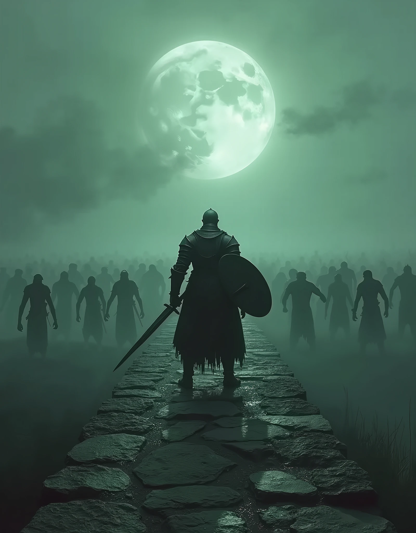 (( we are standing on an ancient stone bridge over the ditch ,  under the bridge, the water glitters through the fog )) In front of us : ( with his back to us is a warrior in heavy knight armor ,)  with a long sword in the right hand and a large iron shield in the left hand),  from the far end of the bridge, out of the witchcraft greenish-gray fog, terrible zombies run out to meet us (13th century zombie wars ),epic scene ,  the moon swings through the fog , the glitter of sword steel war ,