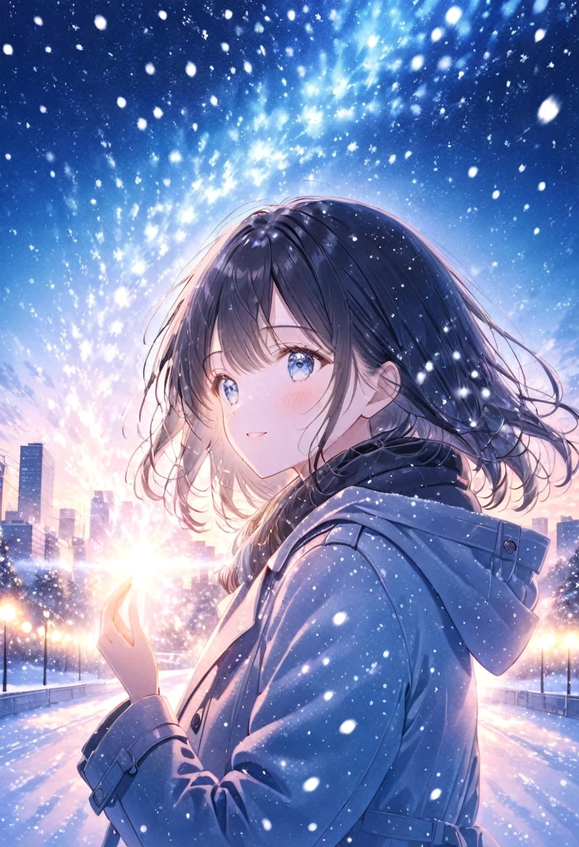 pastel、Glowing Picture  , One Woman , upper body, cowboy shots, coat,Black Hair, blue eyes,Wearing a cold ,blush　 the background is the city,Snow Scene, Diamond Dust　happiness,The best moments are visible from afar