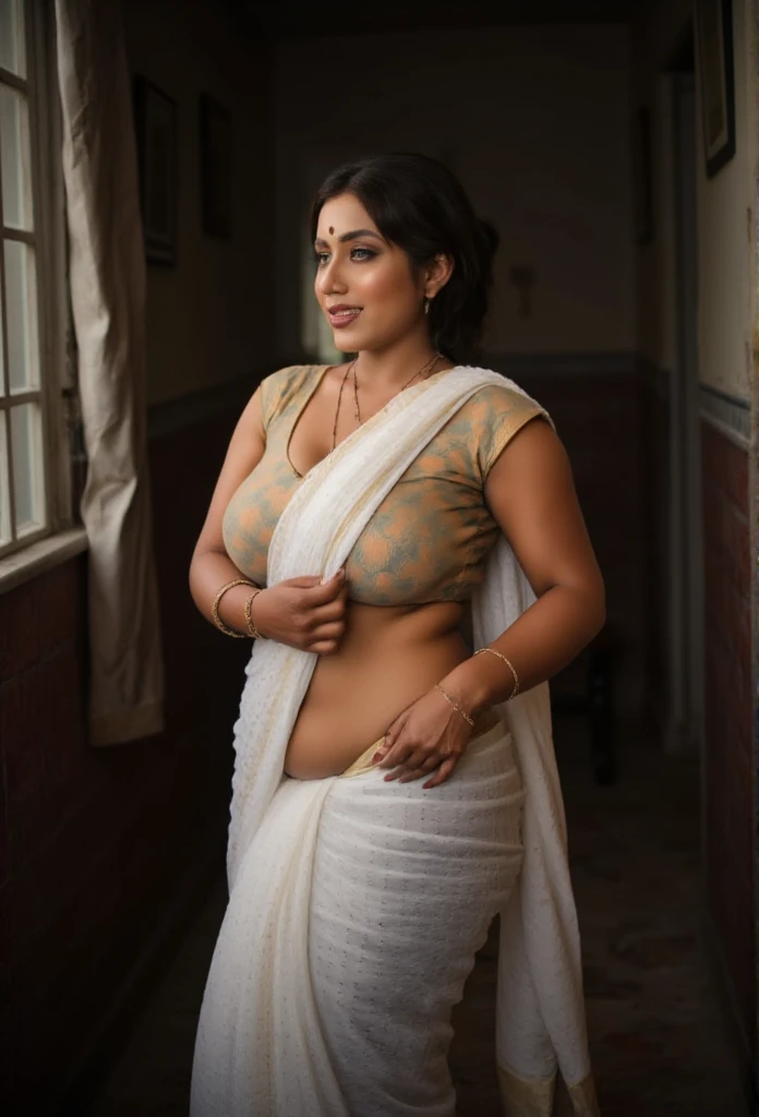 A woman stands in a humble, dimly lit room, her figure highlighted by a low-quality, faded saree made of basic cotton fabric. The saree, in a dull pastel shade, is loosely draped around her waist, the pleats slightly messy as the fabric clings to her thick thighs and curvy hips. The pallu falls carelessly over her shoulder, with no precise folds, suggesting a more practical, everyday look. Her blouse, a simple cotton piece, fits snugly around her large breasts, the neckline slightly plunging to accentuate her cleavage. The blouse is short-sleeved, with minimal decoration, and made from the same basic fabric as the saree, adding to the simple, utilitarian feel of the outfit.

Her body language is relaxed yet sensual, with a slight curve of her hips as she stands with one hand resting on her waist. Her wide hips and curvy figure create a striking silhouette, accentuated by the low-quality saree that clings to her form. Her thick thighs are visible beneath the fabric, and her voluptuous figure contrasts with the simplicity of the attire. She gazes out, her expression both seductive and somewhat playful, as soft light filters in, casting gentle shadows that emphasize her curves and the loose fit of the saree. Her hair is slightly disheveled, pulled back in a loose bun, adding to the laid-back yet intimate atmosphere of the scene.

