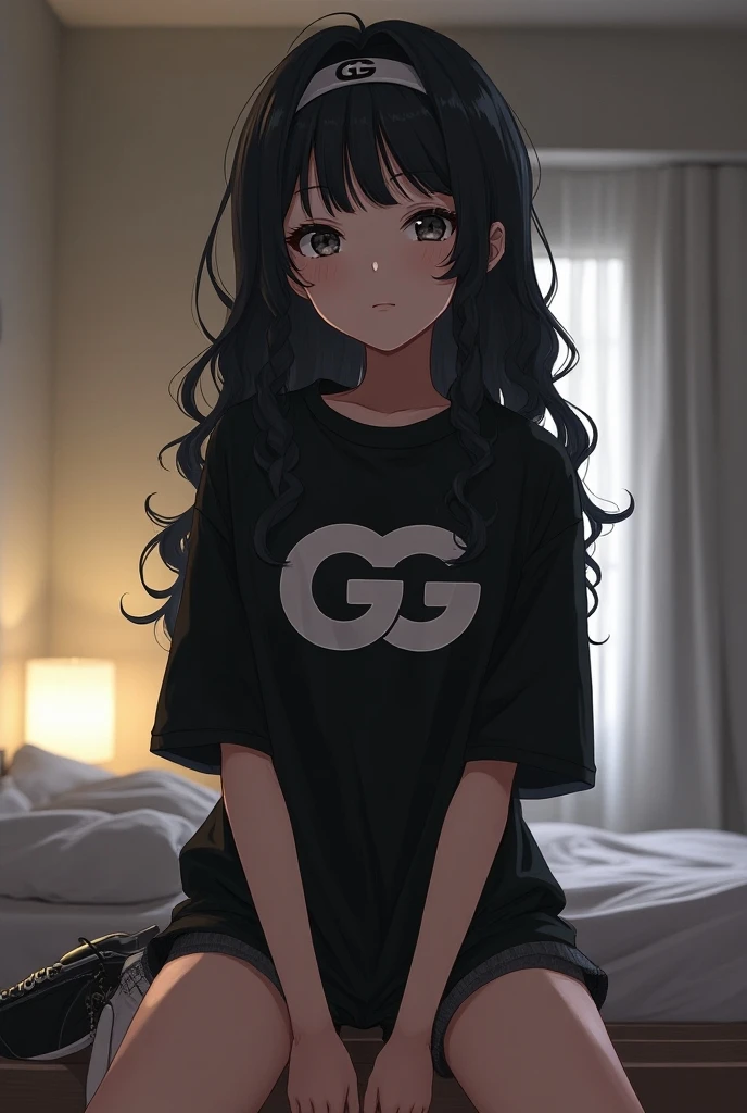 A female anime character long curly wavy black hair with a Naruto headband with a Naruto black headband half a puff white skin small mouth without lipstick large black shirt short sleeve large GG shirt a large black shorts black sneakers looking forward in the bedroom