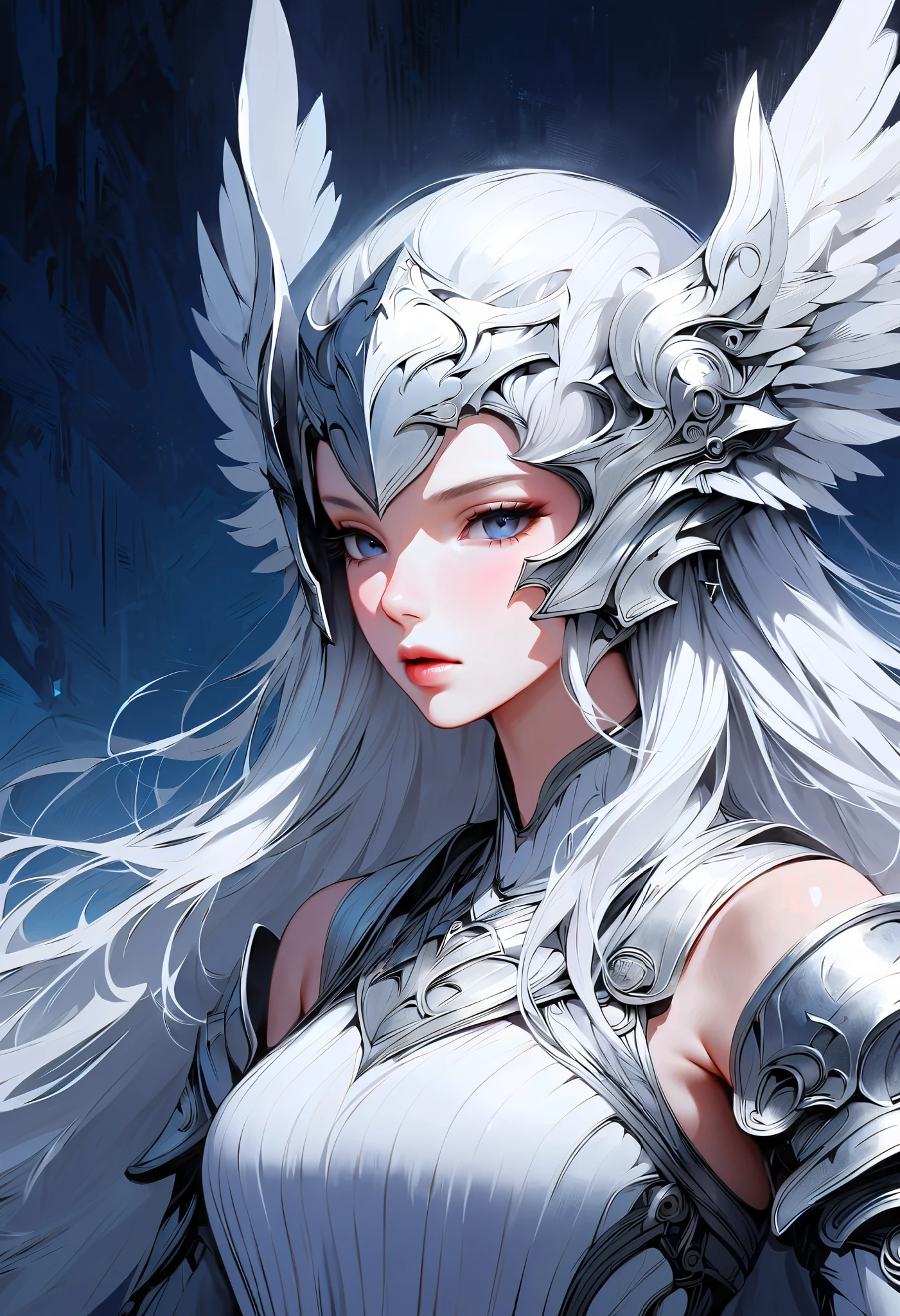 (((Tabletop))), (((Highest quality))), ((Very detailed)), (Very detailed写真), ((Very delicate and beautiful)),(Cute delicate face),here is a digital art of a very futuristic looking female that has armor and armss, One Girl, arms, alone, sf, Holding, Holding arms, robot,Beautiful face and eyes, double eyelid,Delicate skin,Slim figure、Dress and armor