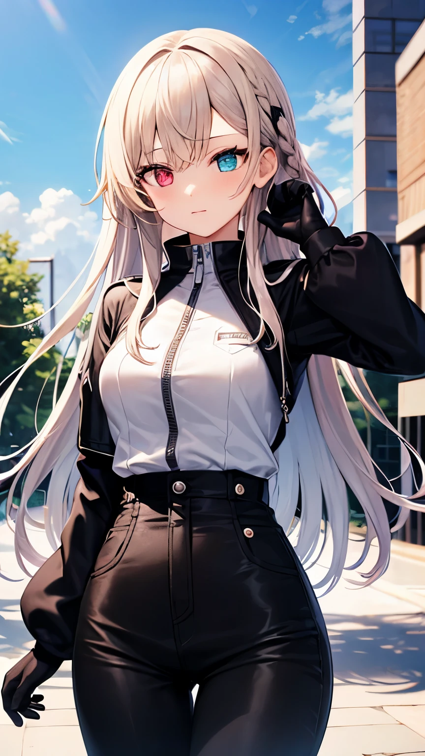 superfine illustration, Solo, Woman, Silver hair, From below, leather jacket and skirt, accessorized