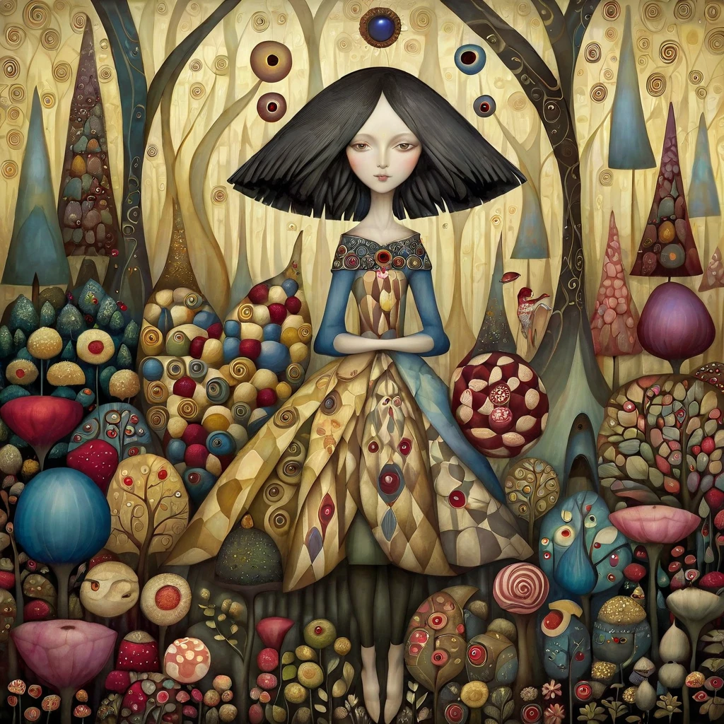 Patchwork by Klimt, Nicoletta Ceccoli, Naoto Hattori, Lawrence Didier, Leonora Carrington of European Woman with short black hair and a long wide skirt,  walks in beautiful forest with strangely shaped trees of many colors, holds flowers and berries in his hands. warm colors