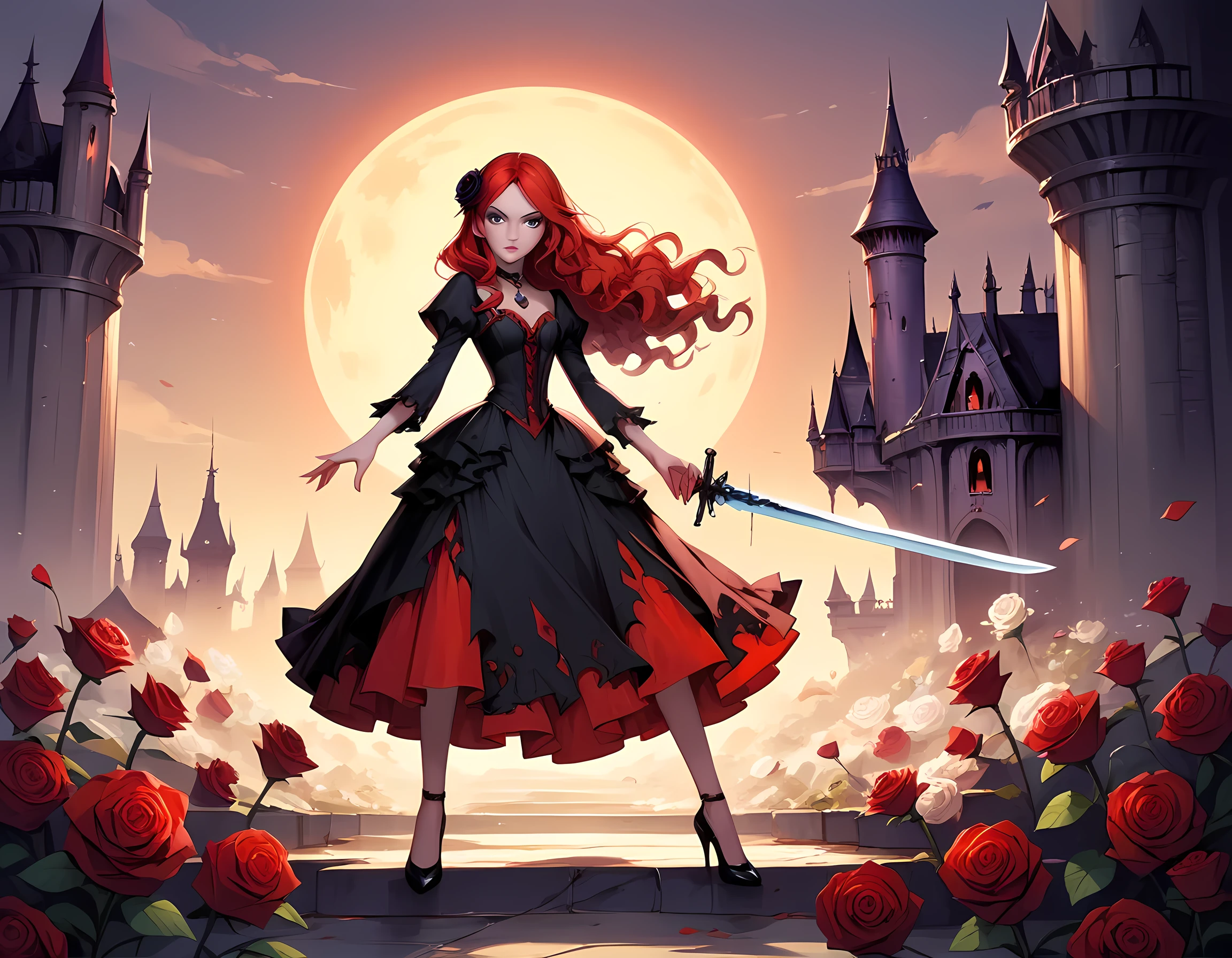 modisn disney, Arafed,  Dark fantasy art, fantasy art, goth art, a picture of a female vampire, pale white skin, blond hair, long hair, wavy hair, (glowing grey: 1.3) eyes, she wears a (red: 1.3) red thigh suit, she holds a sword in hand, (ready for battle: 1.4) , the roses are imprinted on the suit (black: 1.4) black roses, high heels, full body shot, dark glamour shot, dark castle, dark, black and color, Dark Art Painting Style, flower dress, manga style