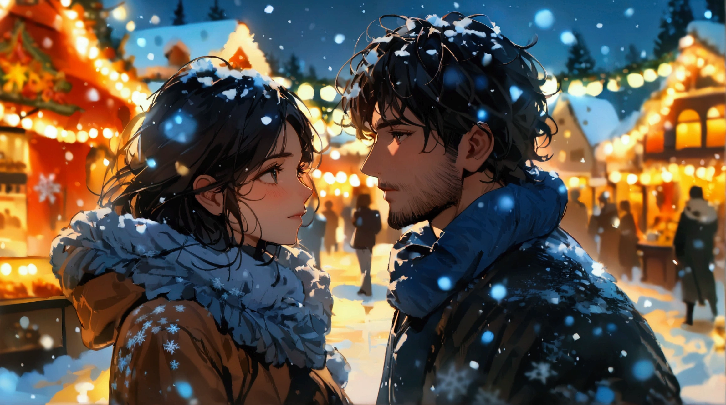 (Masterpiece, High Definition, High Resolution, Detail, 8K), Back view of a couple (woman with medium long dark hair and handsome man), looking up at a large glowing Christmas tree, joyful atmosphere, in a town with glowing Christmas market lights, a white world, a world of sadness, quiet Beautiful snowflakes dancing, looking from afar, blurry snow world, shining like diamond dust
