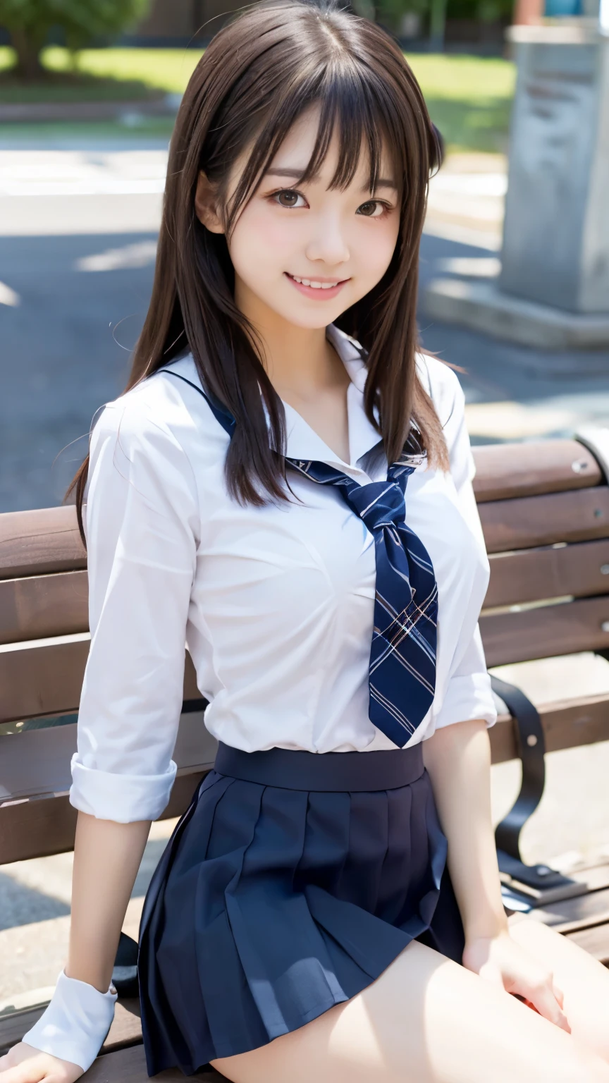 (Masterpiece:1.2, high quality),  arms behind back ,wearing underwear, navy socks,  buttocks, brown eyes, navy blue skirt, solo, summer school uniform, white poro shirt , black hair, black eyes, navy blue skirt, pure gaze, navy socks, miniskirt, plaid skirt, navy blue skirt,kawaii, blush, a smile, (sweat), semi Long hair, Black Hair,  hash cut layer cut, messy hair ,hair between eyes, sitting,bench, (beauty legs), Schools,((volumirous breasts)),(((gigant breasts))), thin eyebrows, face detail,shoot from side front ,glow skin,