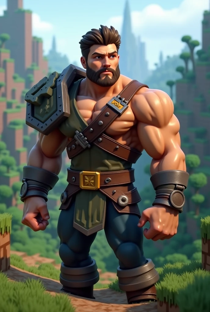 a character in the center that is half ark survival evolved character, holding a pickaxe from the game. and the other half a Minecraft character with a pickaxe from that game in hand.