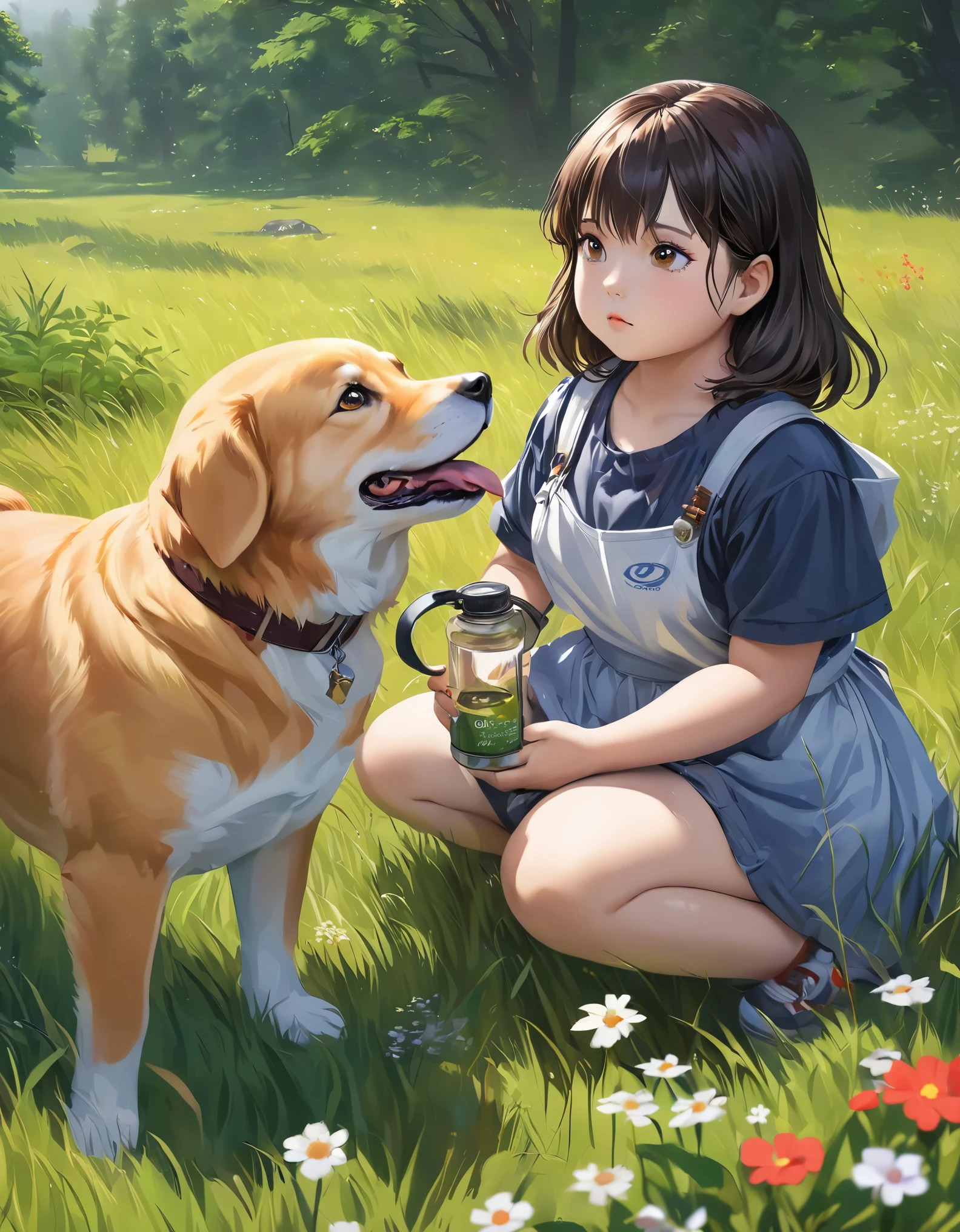CUTE CHUBBY GIRL,in the style of unreal engine 5 art style, Realistic anime art style, Oil painting style art, playing with a Cute Dog , realistic Oil Painting art style at pixiv, makoto shinkai. high detail, young Chubby girl , anime nature, realistic, realistic DC comics art style, realistic artstyle, realistic cute girl painting, anime nature wallpaper,painting, wet grass, in a grassy field, clean detailed anime art with wildflowers --ar 4:5