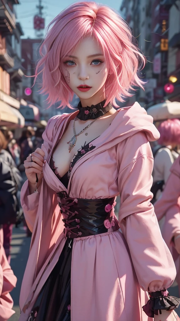 black pink ,sexy girl with pink hair blue eyes and a green , in the background Japanese city at night,next to a buagatti