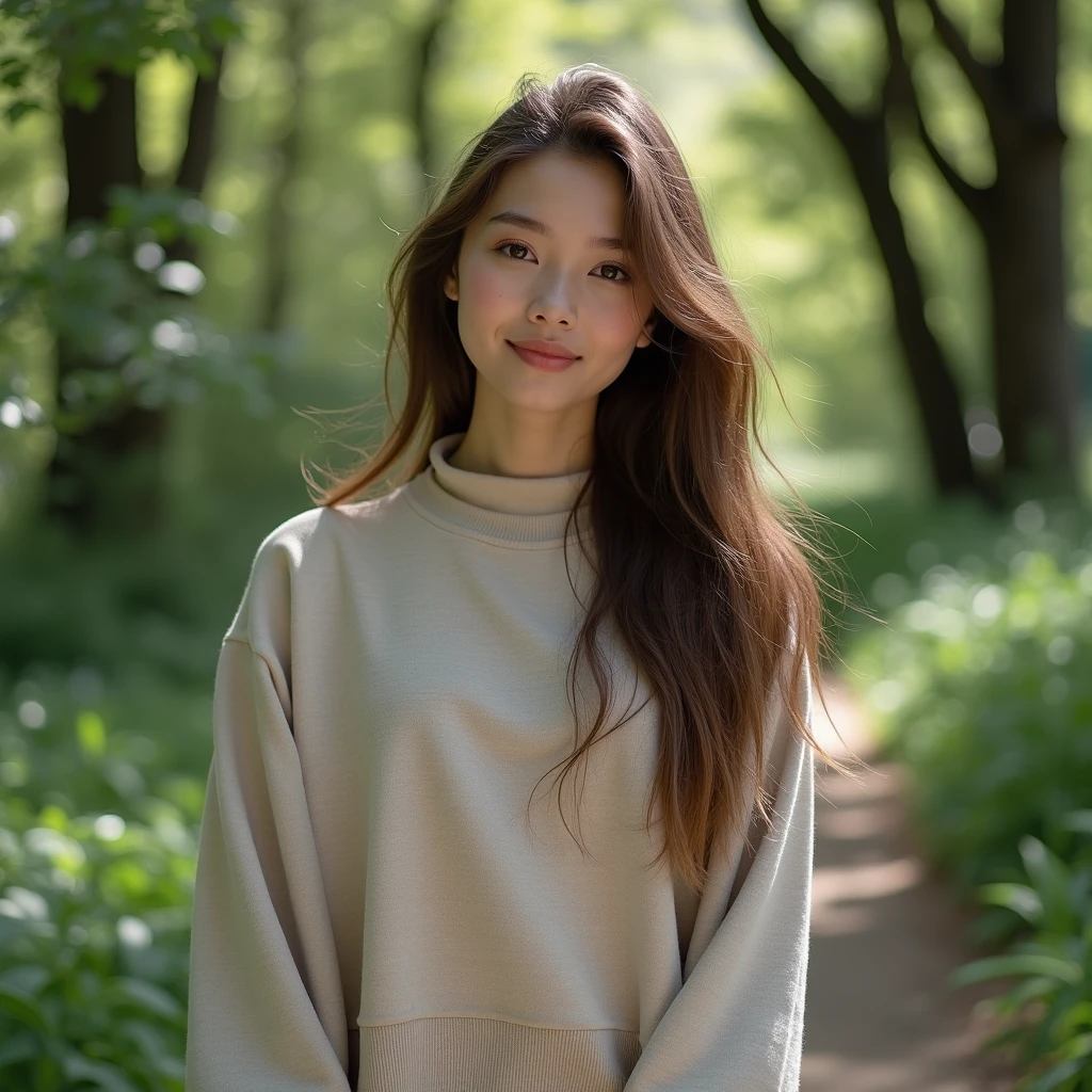 beautiful girl, European appearance , in a sweatshirt to the neck , photo to the waist, Park in the background