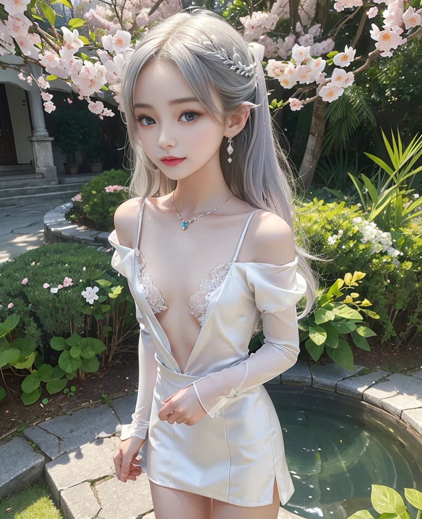 20 year old woman, white hair, (Hyperfade:1.3), Dark theme, soothing color tones, muted colors, high contrast, (The skin texture is natural., Surreal, soft light, sharp), Eye level shot, Wear a white satin dress., Single wire, blue eyes