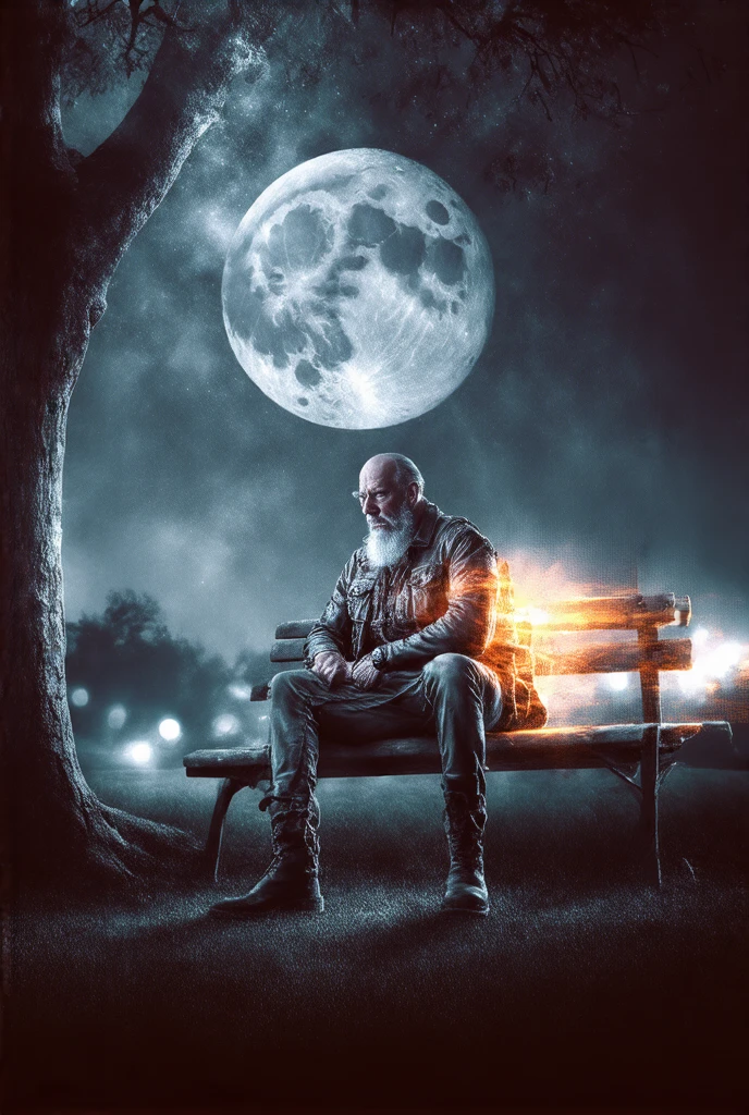 black and white photo , 53 year old bald man ,  long white beard , Leather jacket, jeanshose,  cowboy boots , Sits on a park band and sees the glowing moon and stars, UHD, realistic,    Details