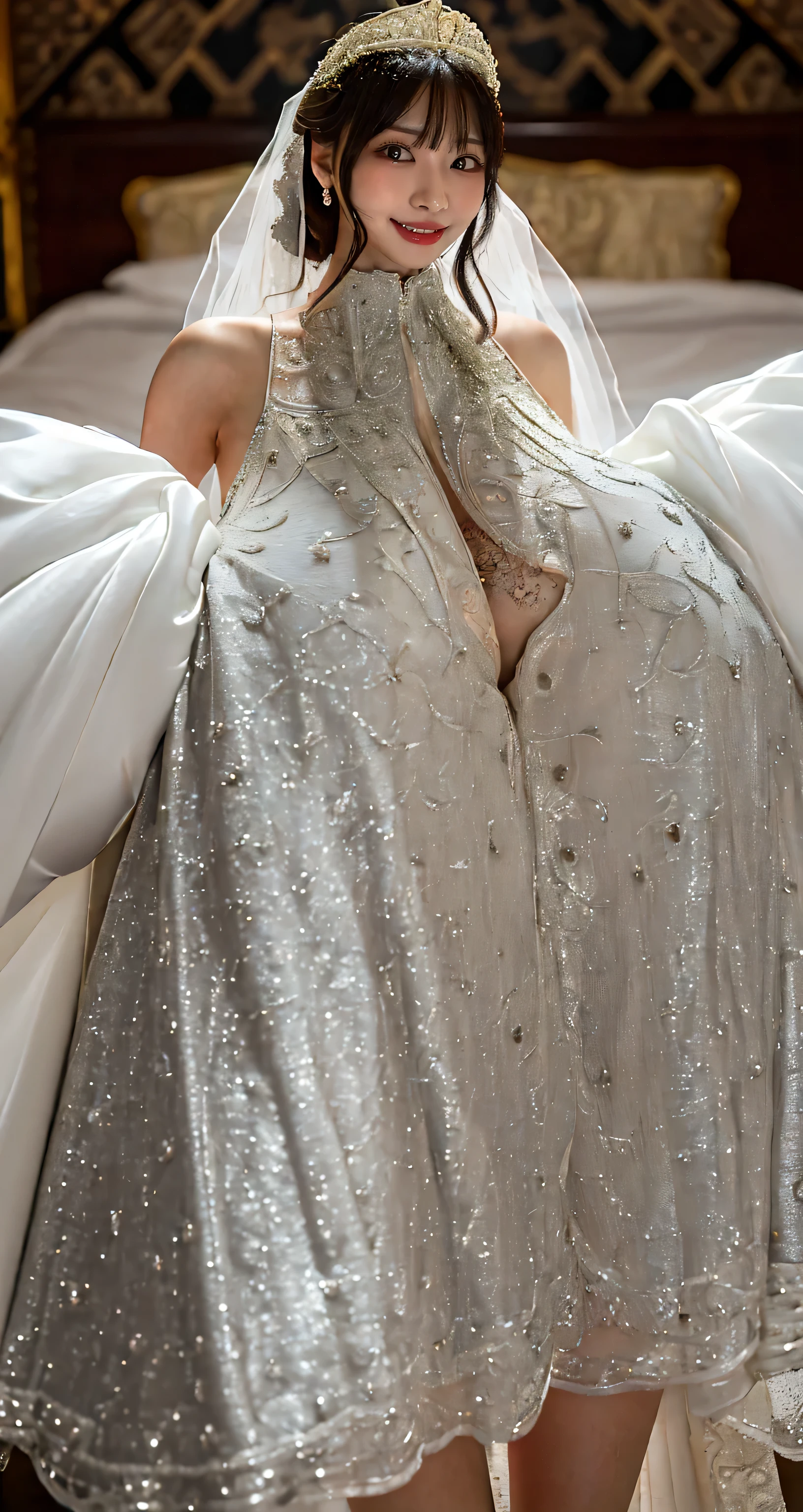 1 girl, beautiful girl, 24 years old girl, wearing long white wedding dress with collar chain in her neck, (Large C breast: 1.6), real skin, realistic skin, detailed skin features, detailed skin texture, detailed clothes features, body proportions, voluptious body, ultra-detailed, real face, detailed facial features, long hair, (silver hair: 1.45), long bangs, beautiful eyes, (blue eyes: 1.5), detailed eyes, closed lips, gloss on lips, detailed face, best quality, masterpiece, 8k, RAW photography, cinematic lightning, (Best Quality:1.4), 8K resolution, High resolution, (Photorealistic, High resolution:1.4), Raw photo, (Realistic, Photorealistic:1.37),