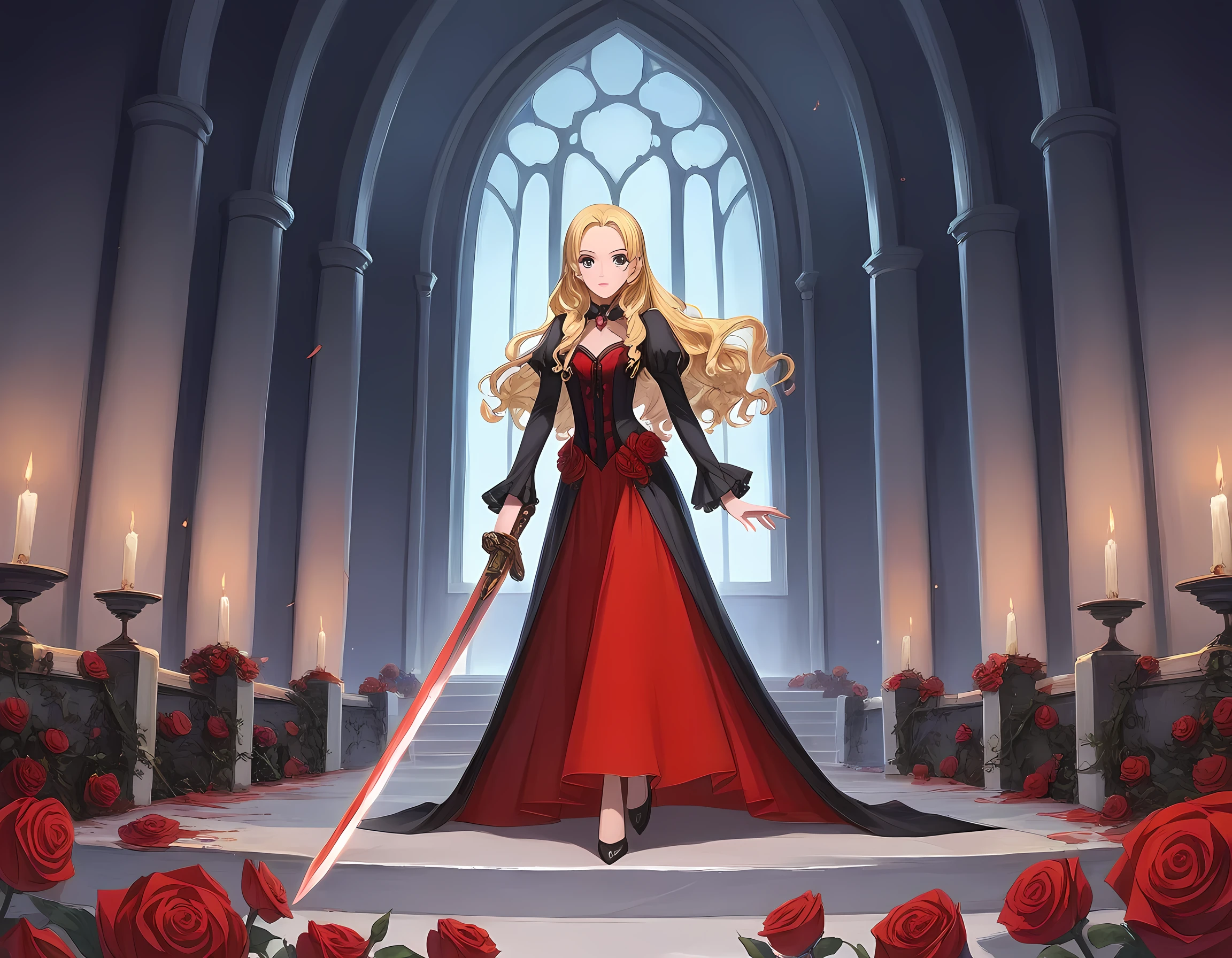 modisn disney, Arafed, Dark fantasy art, fantasy art, goth art, a picture of a female vampire, pale white skin, blond hair, long hair, wavy hair, (glowing grey: 1.3) eyes, she wears a (red: 1.3) red thigh suit, she holds a sword in hand, (ready for battle: 1.4) , the roses are imprinted on the suit (black: 1.4) black roses, high heels, full body shot, dark glamour shot, dark castle, dark, black and color, Dark Art Painting Style, flower dress, manga style