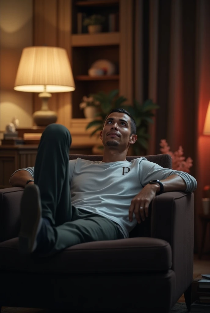 An 18-year-old boy musclejock, embodying the perfect fusion of Joey Lawrence and Spencer Boldman with long hair, reclining in a lazyboy recliner with his legs spread with feet raised, Nike cleats up, bottom cleats facing viewer. Enhanced with HDR technology, this image depicts a true masterpiece, 4K resolution, feet POV, foreshortened perspective, flawlessly rendered anatomy, and skilled craftsmanship.