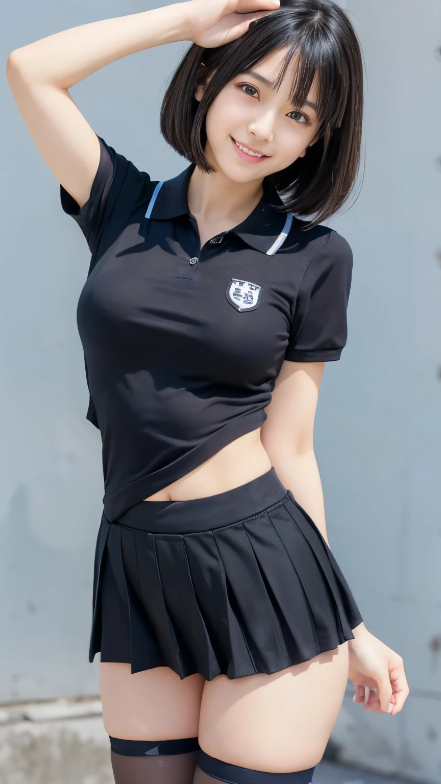 (Masterpiece:1.2, high quality), simple background,gray background, Chest thrust pose, Chest show-off pose,breast appeal pose,(japanese girl),(yo), solo, 
white school polo shirt , cool face,
black eyes, navy blue school miniskirt, pure gaze, navy socks,plaid skirt, arms behind back,hands behind back,
((Tight fitting clothes)), ((Tight fitting polo shirt)) , (see-through polo shirt:1.2)
,
black hair, black eyes,
kawaii, light smile, (sweat), short hair, Black Hair,  hash cut,layer cut, ((messy hair )),hair between eyes, (beauty legs),(volumirous breasts),(gigant breasts),face detail, thin eyebrows ,((puffy nipples)),,
glow skin,face focus, breast focus ,thigh focus


