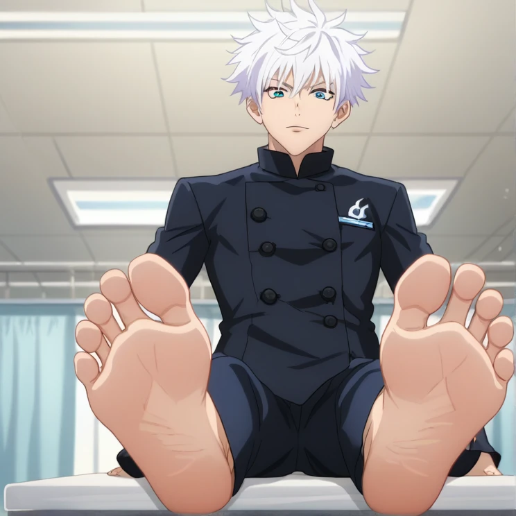 score_9, score_8_up, source_anime,
1boy, Satoru Gojo, white hair, short hair, wide opened blue eyes, black high-collar jacket, long sleeves, black pants, sitting at the table , alone, looking at viewer, cowboy shot, ANIME SCREENCAP, anime coloring, in a hospital, barefoot, perfect feet, anatomically correct, soles, low angle, focal length 35mm, each foot has five toes, front, symmetrical soles, foot focus