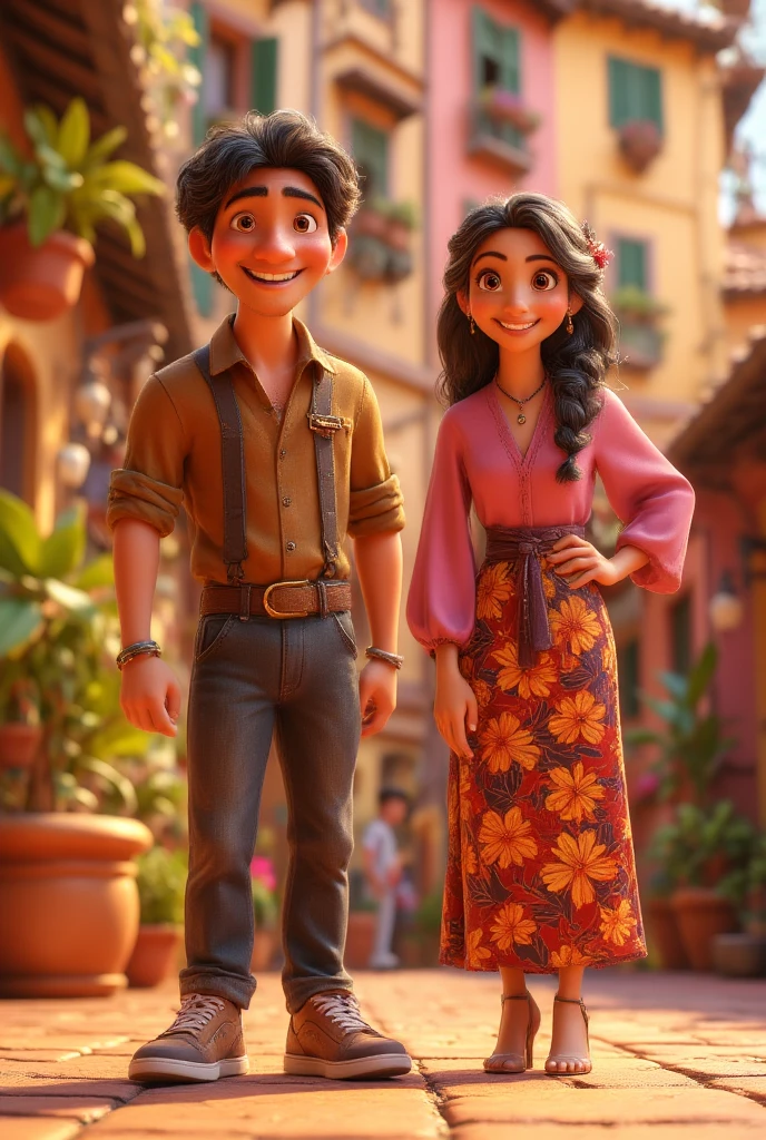 Desenho estilo 3D Pixar, um casal, homem grisalho de vermelho e com barba grisalha, mulher de preto, apaixonados, estilo disney pixar, melhor qualidade, alta qulidade