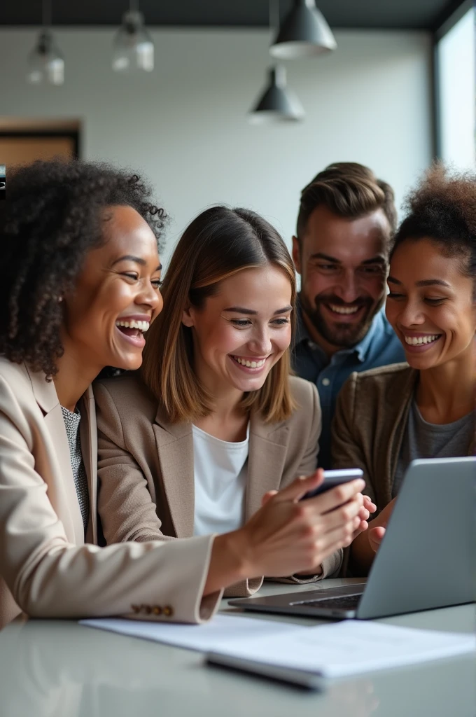 Happy people using a device, representing success. - SeaArt AI