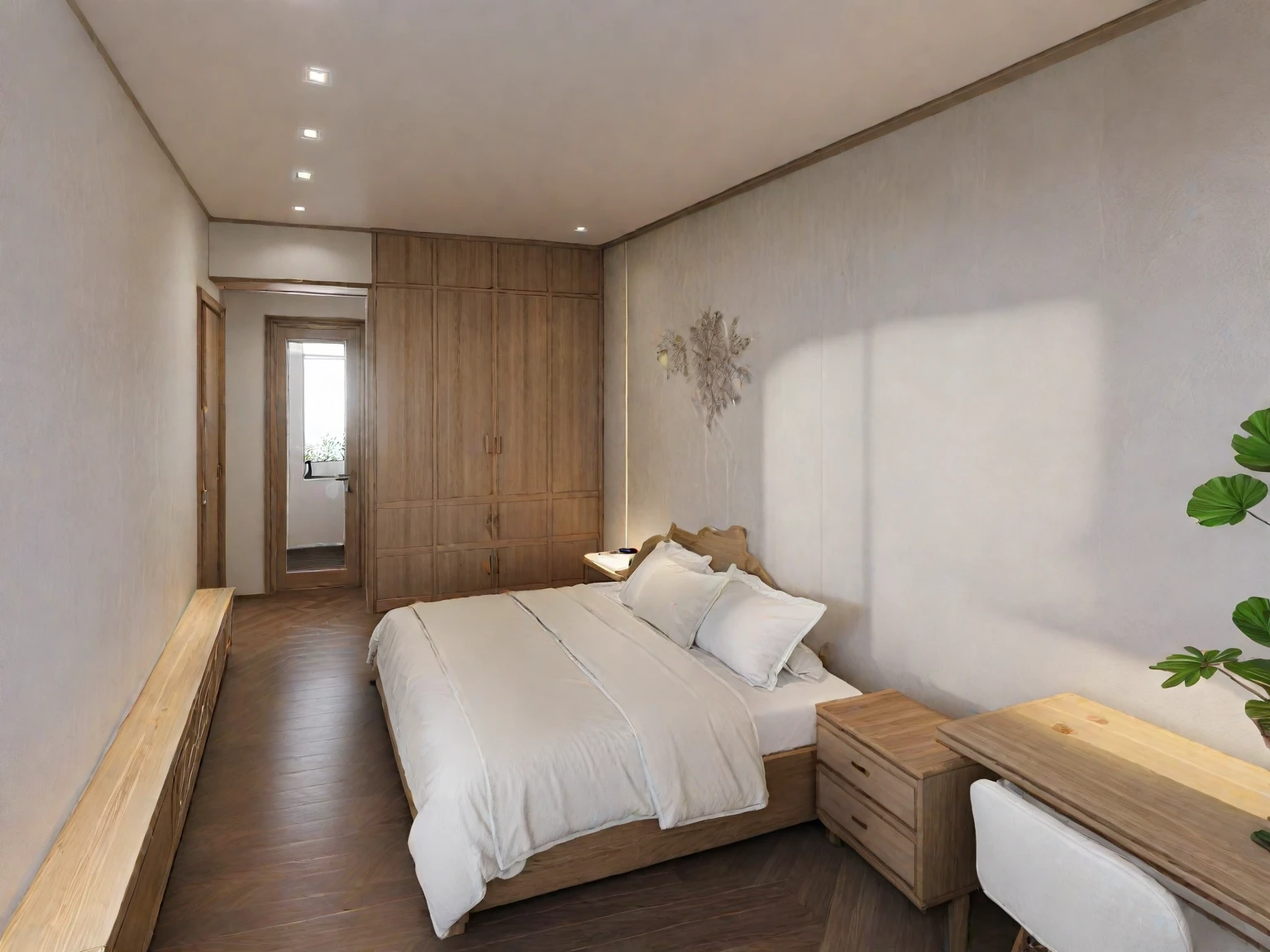 WASABI STYLE, (bedROOM : 1.5), RAW photo,Masterpiece, high quality, best quality, authentic, super detail, interior,white wall, Neutral color for furniture,natural wooden texture, japandi style, Realistic reflexes,realistic light , vray, tree in room