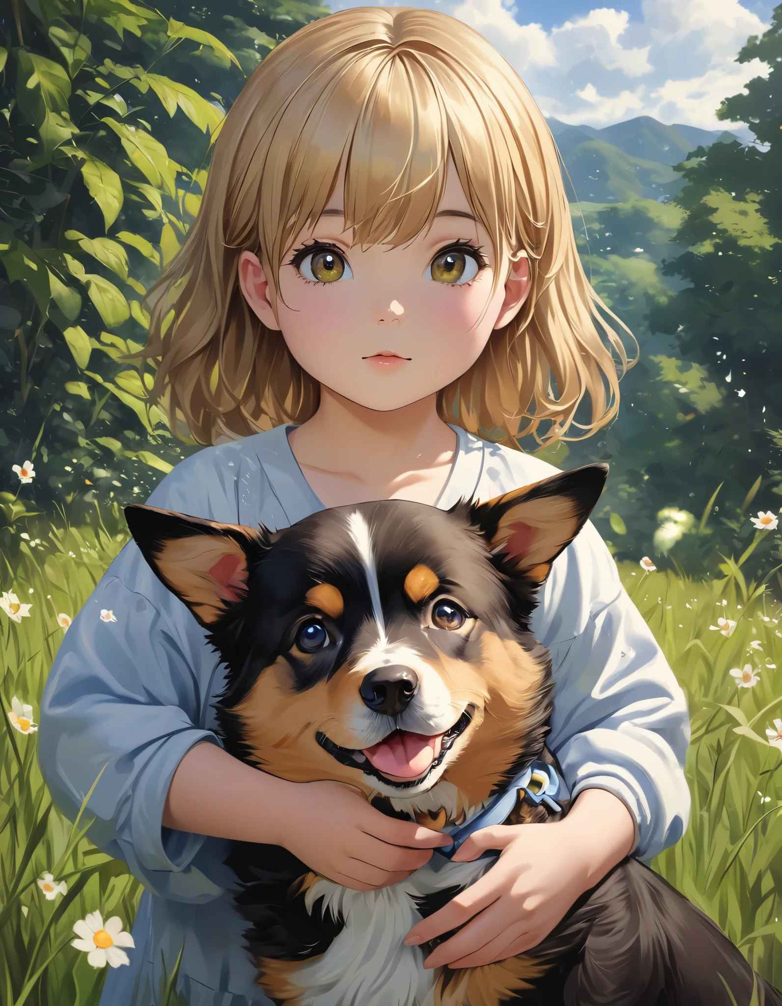 CUTE CHUBBY GIRL,in the style of unreal engine 5 art style, Realistic anime art style, Oil painting style art, playing with a Cute Dog , realistic Oil Painting art style at pixiv, makoto shinkai. high detail, young Chubby girl , anime nature, realistic, realistic DC comics art style, realistic artstyle, realistic cute girl painting, anime nature wallpaper,painting, wet grass, in a grassy field, clean detailed anime art with wildflowers --ar 4:5