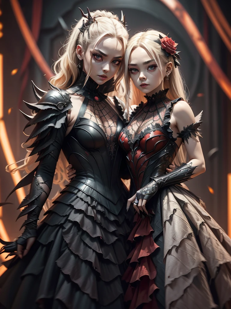 Spider girl. Lady. Twin drill hair. Blonde hair. Red eyes. Horror eyes. Black and red dress. Frills. Dark fantasy. Multiple arms. Sharp claws. Bio-armor chest. Spider web dress. Insect legs. Lace gloves. Spider eyes on forehead. Scornful expression. Rose flower.