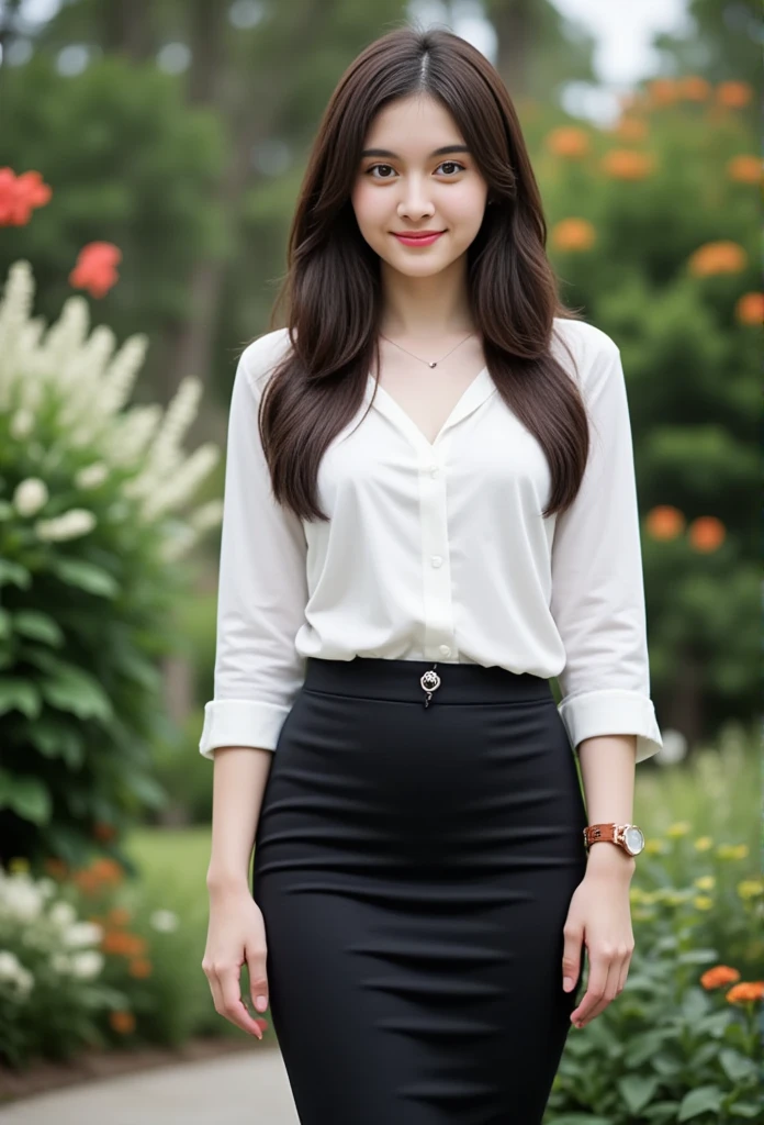 นักศึกษา น่ารัก 
#รูปaiไม่ใช่รูปจริง

woman with long, flowing light auburn hair, wearing a fitted white blouse and a sleek black pencil skirt look like Thai university uniform. She stands confidently outdoors, surrounded by greenery and soft lighting, capturing a serene yet professional atmosphere. Her attire includes a brown belt and a wristwatch, adding subtle elegance. The background features blurred foliage and flowers to emphasize her presence.