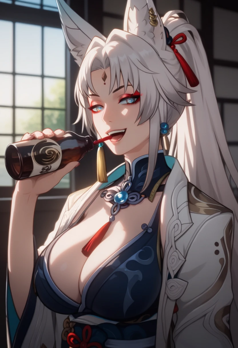 kitsune,1tail,huge breasts,smiling,drinking,drunk,aroused,(best quality:1.2),ultra-detailed,realistic,photorealistic,portraits,vivid colors,warm tone,soft lighting, NSFW, breasts out,FeiDefault, animal ears, long hair, ponytail, multicolored hair, white hair, red eyeliner, ringed eyes, forehead mark, ear piercing, tassel hair ornament, tassel earring,, brooch, tassel,kimono