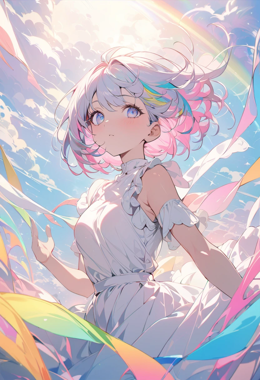 Bob-cut girl with rainbow hair,Anime , Upshot, beautiful eyes , praise , wind blows, It's dynamică Vibrant Atmosphere , stare at me , masterpiece, best quality,8k, Pastel Color ,