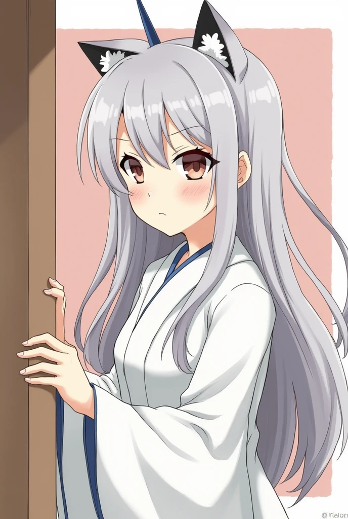 1 girl, very detailed, very long hair, Gray Hair, earrings for a woman alone, Animal ears , Droopy eyes, smug face, part of the picture sticks out of the frame , Dragon Horn, Japanese Illustration,