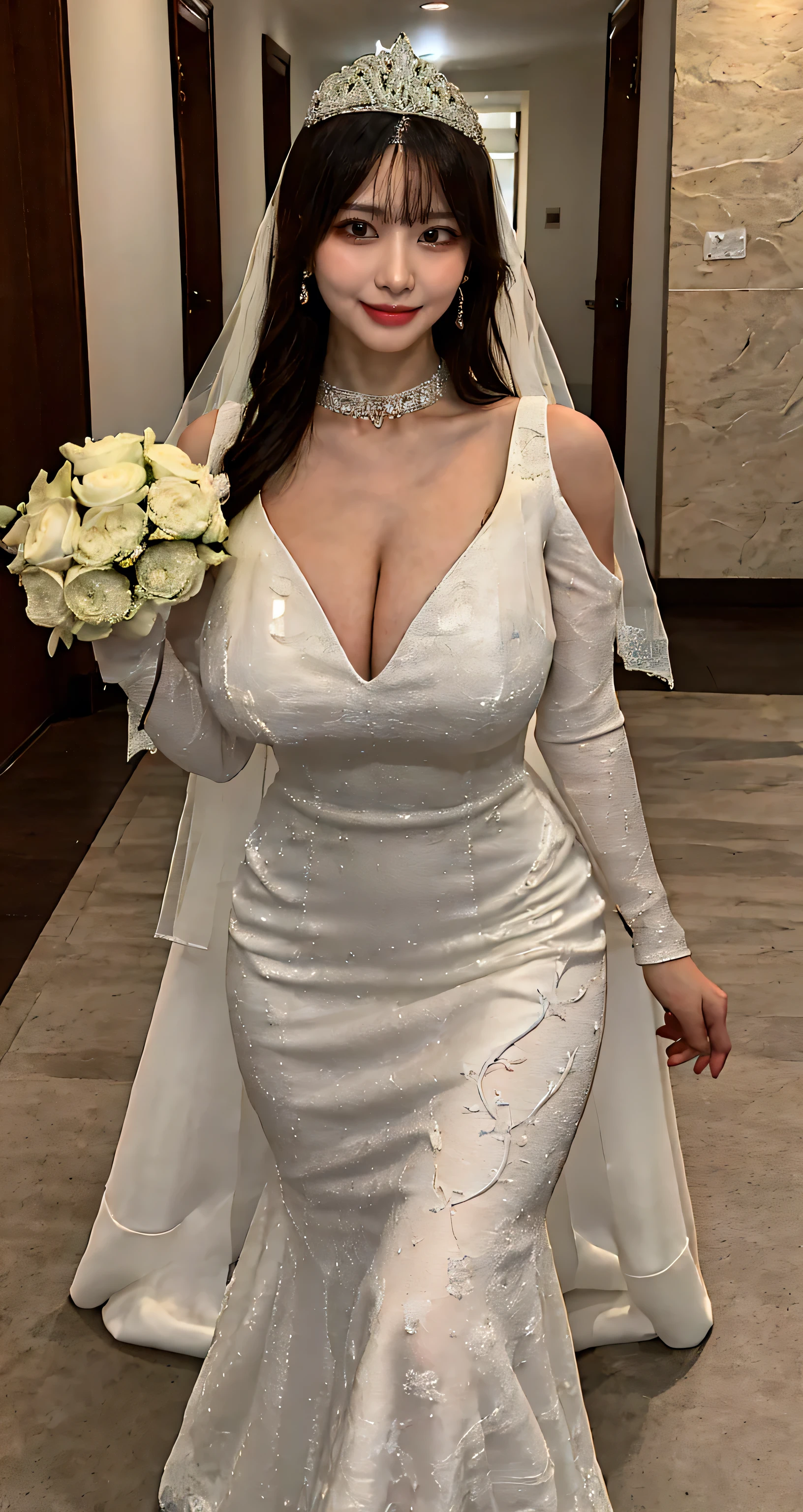 Highly detailed CG Unity 8k wallpaper, top quality, super detailed, masterpiece, realistic, photorealistic, highly detailed cute girl, (25 years old), blush, round eyes, medium breasts, semi-body shot, white wedding dress, kneeling
