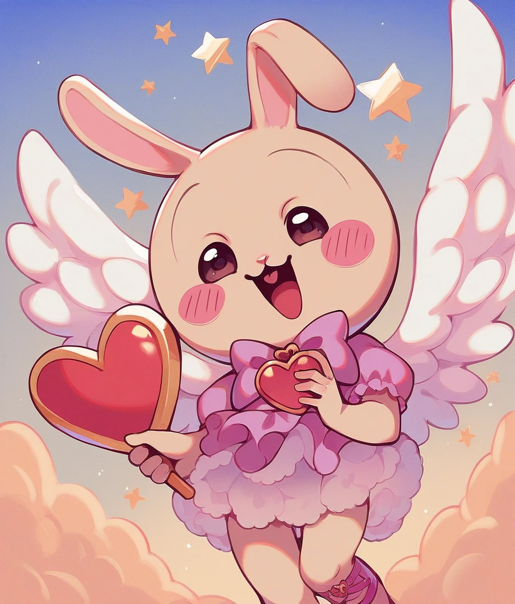 score_9,score_8_up,score_7_up,source_animation,1boy,alone,rabbit,Mini,Rabbit Ears 2 pcs, No human ,:3,Scream, light brown , blush sticker,Cute,Cartoon,cupid,Angel halo in the ear,Angel Wings, holding heart ,Happy,fly,Sky,from below,