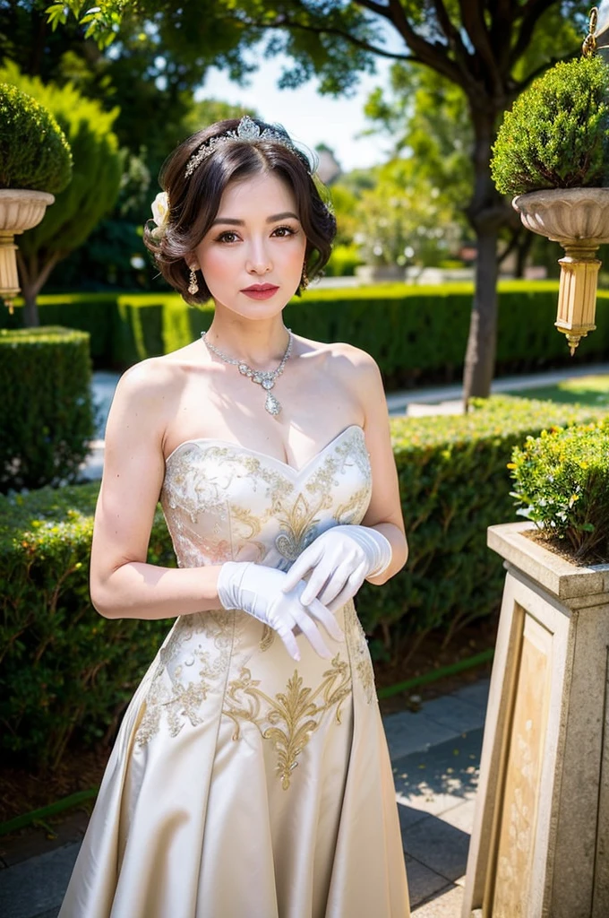 ((Masterpiece)), ((Best Quality)), A middle-aged short-hair woman, ((She is wearing an ornamental short length wedding dress)), She is wearing gloves on her hands., outdoor, She is wearing a big necklace, She is riding on a motorcycle.