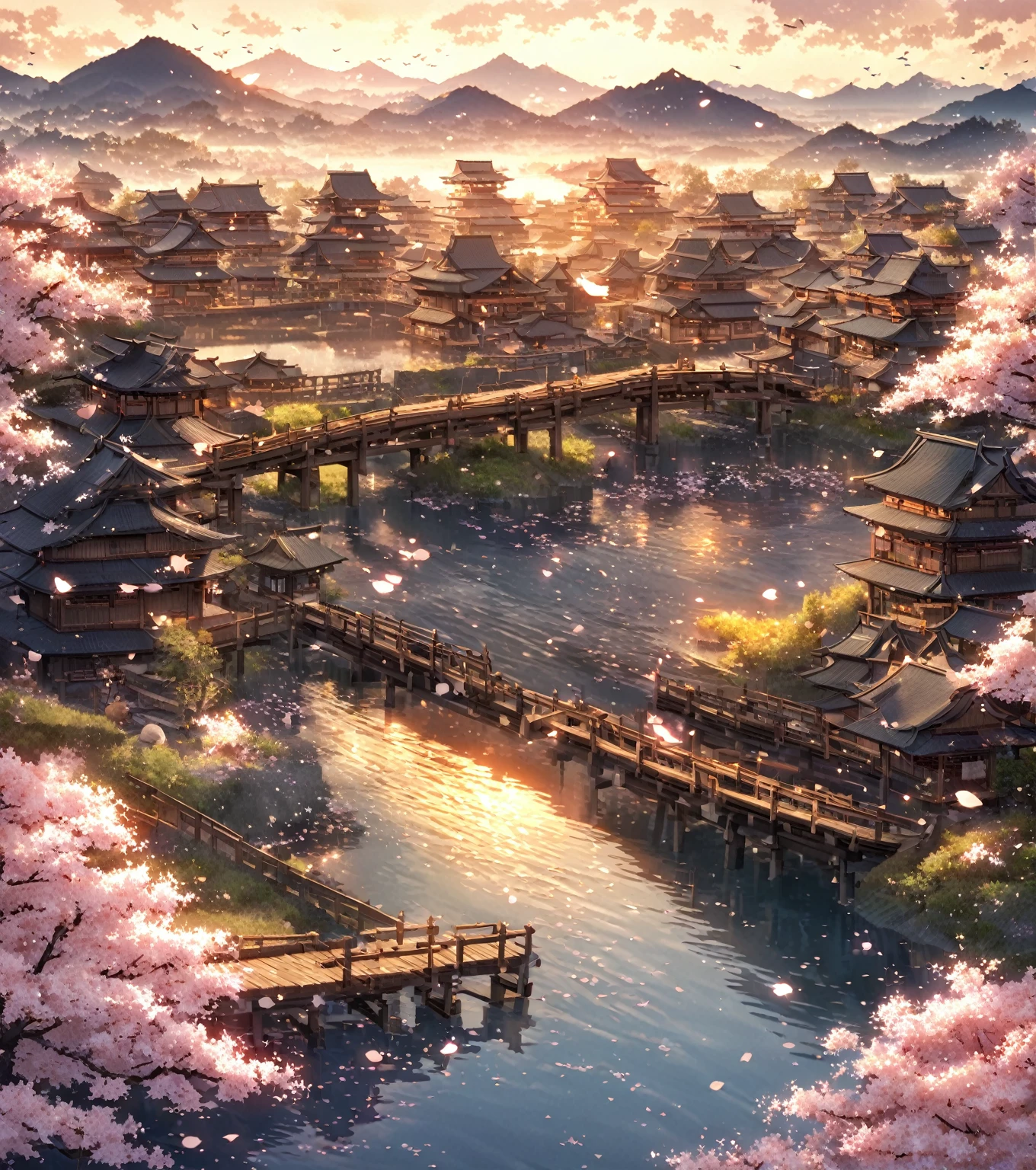 A printAn old wooden bridge over a calm river, surrounded by cherry ...